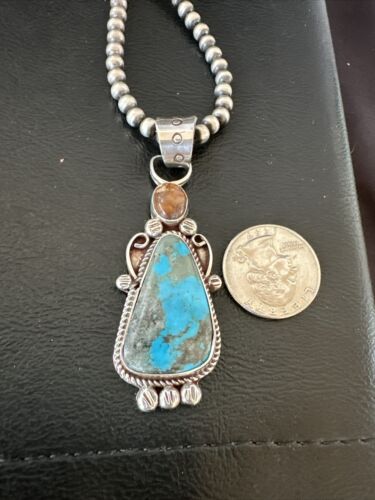 Navajo Blue Kingman Turquoise Wild Horse Pendant Necklace | Sterling Silver | Authentic Native American Handmade | 17222