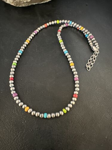 Navajo Multi-Color 4mm Sterling Silver Pearls Necklace | 24" Single Strand | Hook Eye | Authentic Native American Handmade | 94324