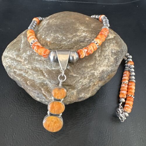 Navajo Orange Spiny Oyster Pendant with Pearls | Sterling Silver Necklace | Authentic Native American Handmade | 15255