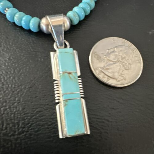 Navajo Blue Kingman Turquoise Inlay Pendant Necklace | Sterling Silver | 21" | Authentic Native American Handmade | 16930