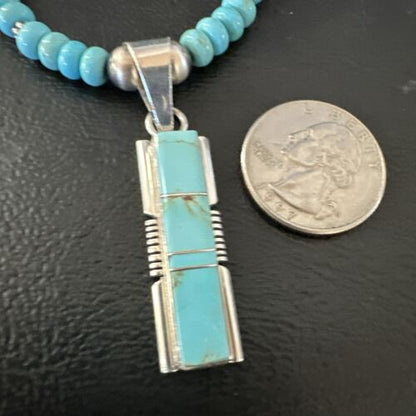 Navajo Blue Kingman Turquoise Inlay Pendant Necklace | Sterling Silver | 21" | Authentic Native American Handmade | 16930