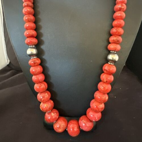 Authentic Navajo Sterling Silver Necklace | Apple Sponge Coral Graduated Beads | 25" | Native American Jewelry | 16815