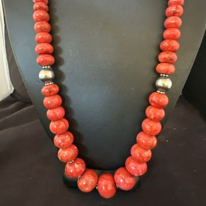 Authentic Navajo Sterling Silver Necklace | Apple Sponge Coral Graduated Beads | 25" | Native American Jewelry | 16815
