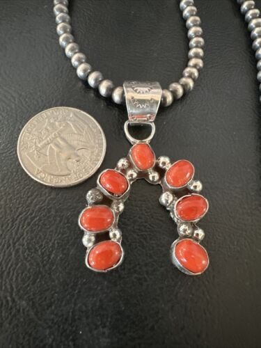 Navajo Horseshoe Naja Red Coral Pendant Necklace | Sterling Silver | Authentic Native American Handmade | 15754