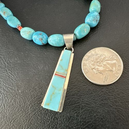 Navajo Blue Turquoise Inlay Pendant Necklace | Sterling Silver | 19" | Authentic Native American Handmade | 17491