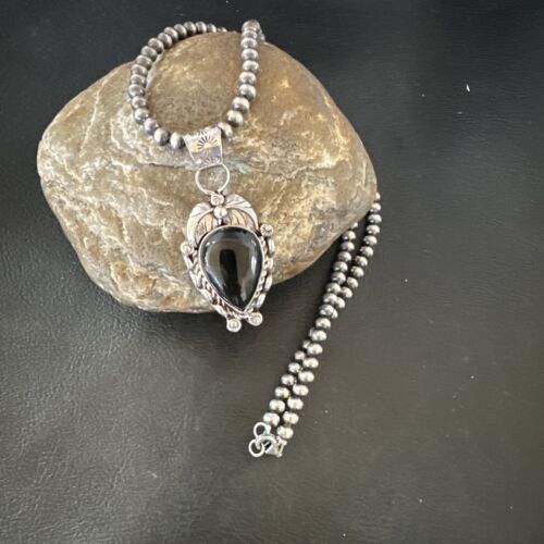 Navajo Pearls Black Onyx Necklace Pendant | Sterling Silver | Authentic Native American Handmade | 16528