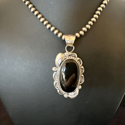 Navajo Pearls Black Onyx Necklace Pendant | Sterling Silver | Authentic Native American Handmade | 16531