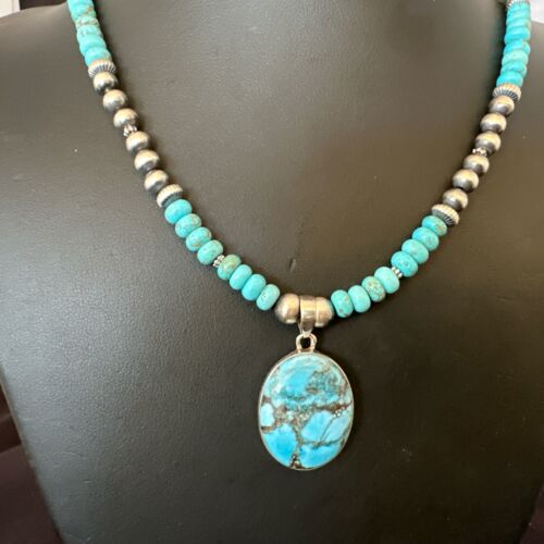 Navajo Men's Blue Spiderweb Turquoise Pendant Necklace | Sterling Silver | Authentic Native American Handmade | 17116