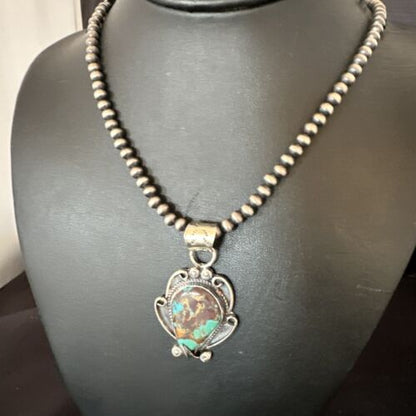 Navajo Blue Turquoise Pendant Necklace | Sterling Silver Pearls | Authentic Native American Handmade | 15649