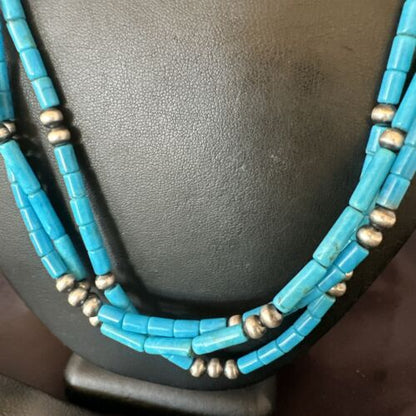 Navajo Blue Turquoise Tube Necklace | Sterling Silver | 22" | Authentic Native American Handmade | 17553