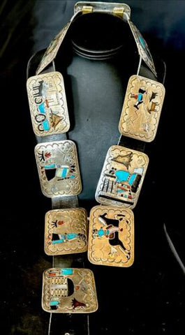 Ultra Rare Turquoise Onyx Zuni Sterling Silver Sun Face Inlay Old Pawn Belt 40