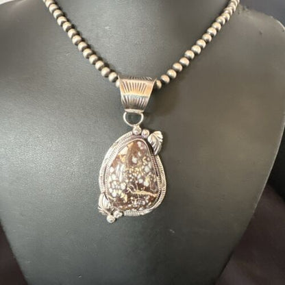 Navajo Wild Horse Turquoise Pendant Necklace | Sterling Silver | Authentic Native American Handmade | 17474