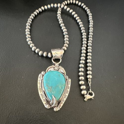 Navajo Blue Turquoise Pendant Necklace | Sterling Silver Pearls | Authentic Native American Handmade | 15646
