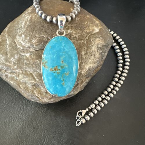 Blue Kingman Turquoise Pendant | Navajo Pearls | Sterling Silver Necklace 20" | 16991