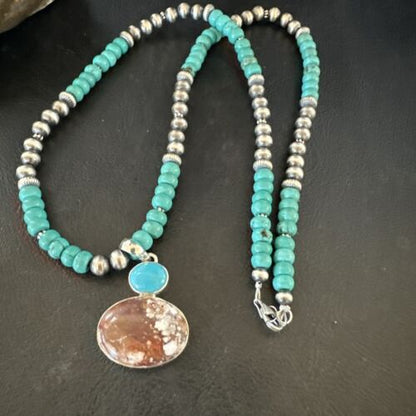 Navajo Wild Horse | Blue Kingman Turquoise Pendant Necklace | Sterling Silver | 17571