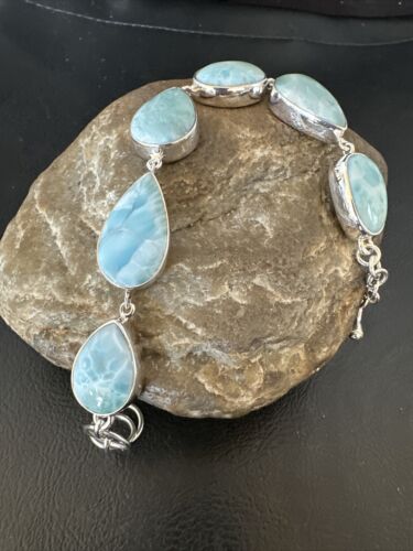 Navajo Blue Larimar Link Bracelet | Sterling Silver | 8" | Authentic Native American Handmade | 16079