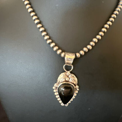 Navajo Pearls Black Onyx Necklace Pendant | Sterling Silver | Authentic Native American Handmade | 16529