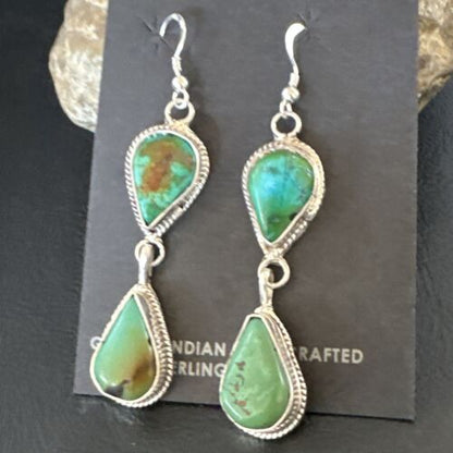 Navajo Green Royston Turquoise Dangle Earrings | Sterling Silver | Authentic Native American Handmade | 16492 - Masha USA