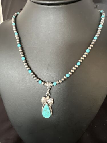 Navajo Pearls Kingman Turquoise Pendant Necklace | Sterling Silver | Authentic Native American Handmade | 14892