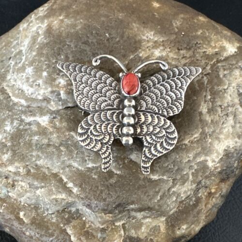 Navajo Butterfly Red Coral Pin Pendant | Sterling Silver | 1.25" | Authentic Native American Handmade | 15235