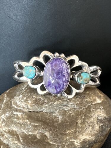 Navajo Kingman Turquoise Charoite Cuff Bracelet | Sterling Silver Tufa Cast | Authentic Native American Handmade | 16786