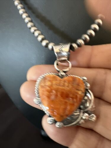Navajo Orange Spiny Oyster Heart Pendant Necklace | Sterling Silver | Authentic Native American Handmade | 16422