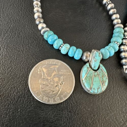 Navajo Blue Turquoise Inlay Pendant | Sterling Silver Necklace | Authentic Native American Handmade | 15423