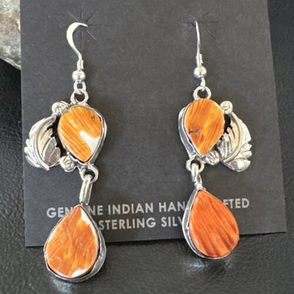 Navajo Orange Spiny Oyster Dangle Earrings | Sterling Silver | 1.5" | Authentic Native American Handmade | 16568