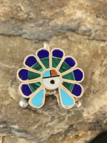 Zuni Sunface Turquoise Lapis Malachite Inlay Pendant | Sterling Silver | 1" | Authentic Native American Handmade | 1183