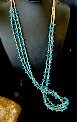 Navajo Blue Kingman Turquoise Shell Heishi Necklace | Sterling Silver | 30" | Authentic Native American Handmade | 16070