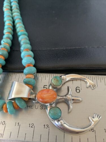 Navajo Pearls Necklace with Blue Turquoise & Spiny Oyster Naja Pendant | Sterling Silver | 10261