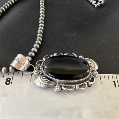 Navajo Pearls Black Onyx Necklace Pendant | Sterling Silver | Authentic Native American Handmade | 16531