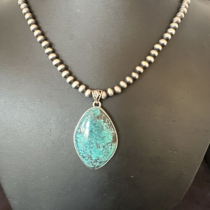 Men's Navajo Blue Spiderweb Turquoise Pendant Necklace | Sterling Silver | Authentic Native American Handmade | 16271