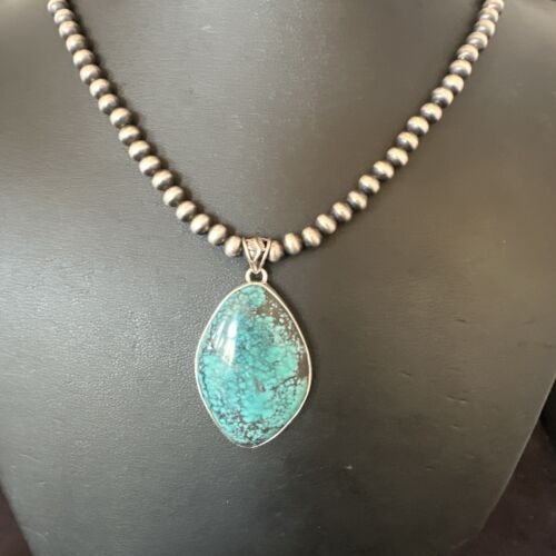 Men's Navajo Blue Spiderweb Turquoise Pendant Necklace | Sterling Silver | Authentic Native American Handmade | 16271
