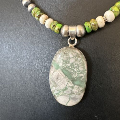 Navajo Green Turquoise Jasper Pendant Necklace | Sterling Silver | Native American Handmade | 16924