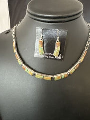 Navajo Choker Necklace with Blue #8 Turquoise Inlay | Sterling Silver Earrings Set | Authentic Native American Handmade | 16266