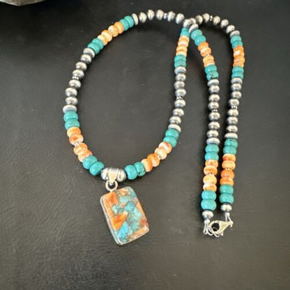 Navajo Spiny Turquoise Pendant Necklace | Sterling Silver | 22" | Authentic Native American Handmade | 17430