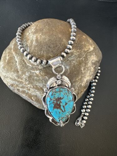Navajo Blue Turquoise Pendant Necklace | Sterling Silver Pearls | Authentic Native American Handmade | 15640