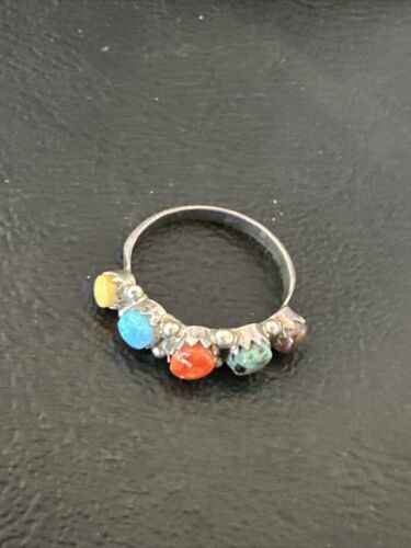Zuni Multi-Stone Opal, Coral, Turquoise Ring | Authentic Native American Sterling Silver | Multi-Stone | Sz 6 | 16897