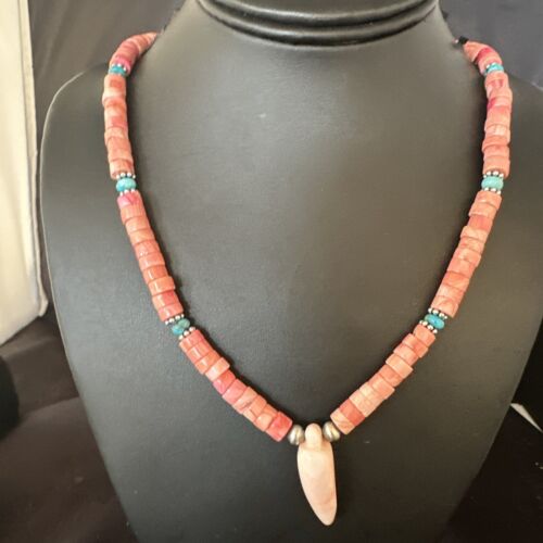 Navajo Sterling Silver Necklace | Pink Coral & Blue Turquoise Naja Pendant | 18" | 15043