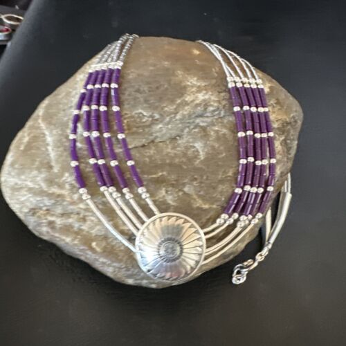 Navajo Purple Sugilite Heishi Concha Necklace | 5 Strand Liquid Sterling Silver | 20" | 15877