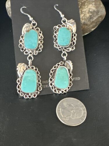 Navajo Blue Kingman Turquoise Dangle Earrings | Sterling Silver | Authentic Native American Handmade | 15188