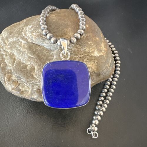 Navajo Blue Lapis Pendant with Pearls | Sterling Silver Necklace | 20" | Authentic Native American Handmade | 16664