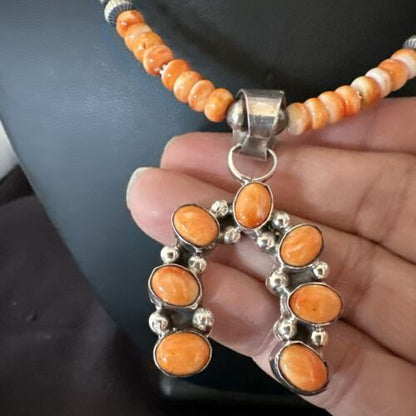 Navajo Orange Spiny Oyster Inlay Naja Pendant | Sterling Silver | Authentic Native American Handmade | 17428
