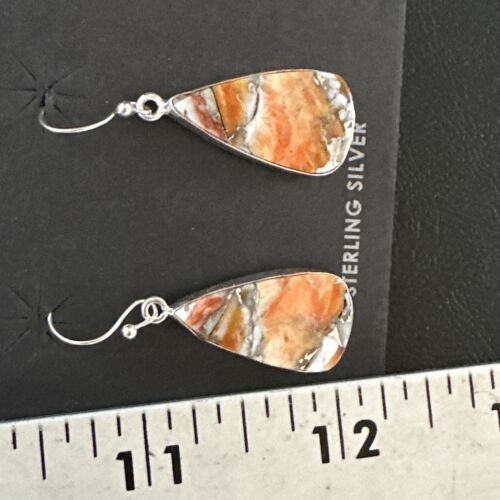 Navajo Blue Turquoise & Orange Spiny Oyster Inlay Dangle Earrings | Sterling Silver | Native American Handmade | 15581