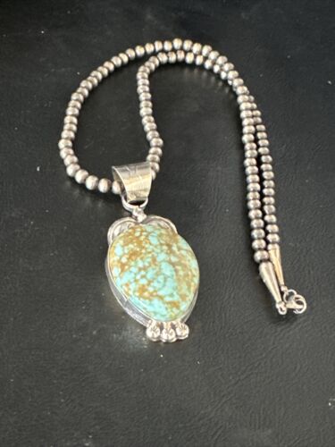 Navajo Pearls Sterling Silver Necklace Pendant | Blue Turquoise #8 | Authentic Native American Handmade | 14856
