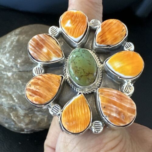 Navajo Green Turquoise Spiny Multi-Stone Cluster Ring | Authentic Native American Sterling Silver | Sz 10.5 | 16717 - Masha USA