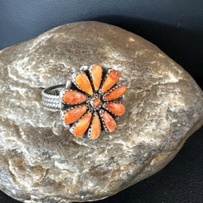 Navajo Orange Spiny Oyster Cluster Ring | Authentic Native American Sterling Silver | Multi-Stone | Sz 9 | 16332