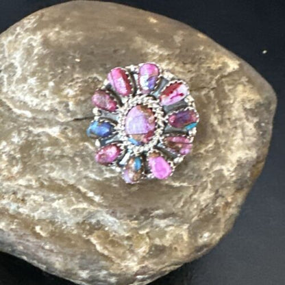 Navajo Purple Spiny Oyster Cluster Ring | Authentic Native American Sterling Silver | Multi-Stone | Sz 8 | 15053