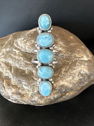 Navajo Women's Cluster Blue Larimar Ring | Authentic Native American Sterling Silver | Multi-Stone | Sz 7 | 16155